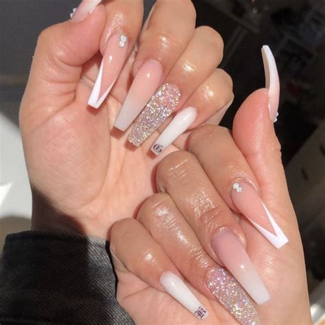 white tip long nails|white tip nails with diamonds.